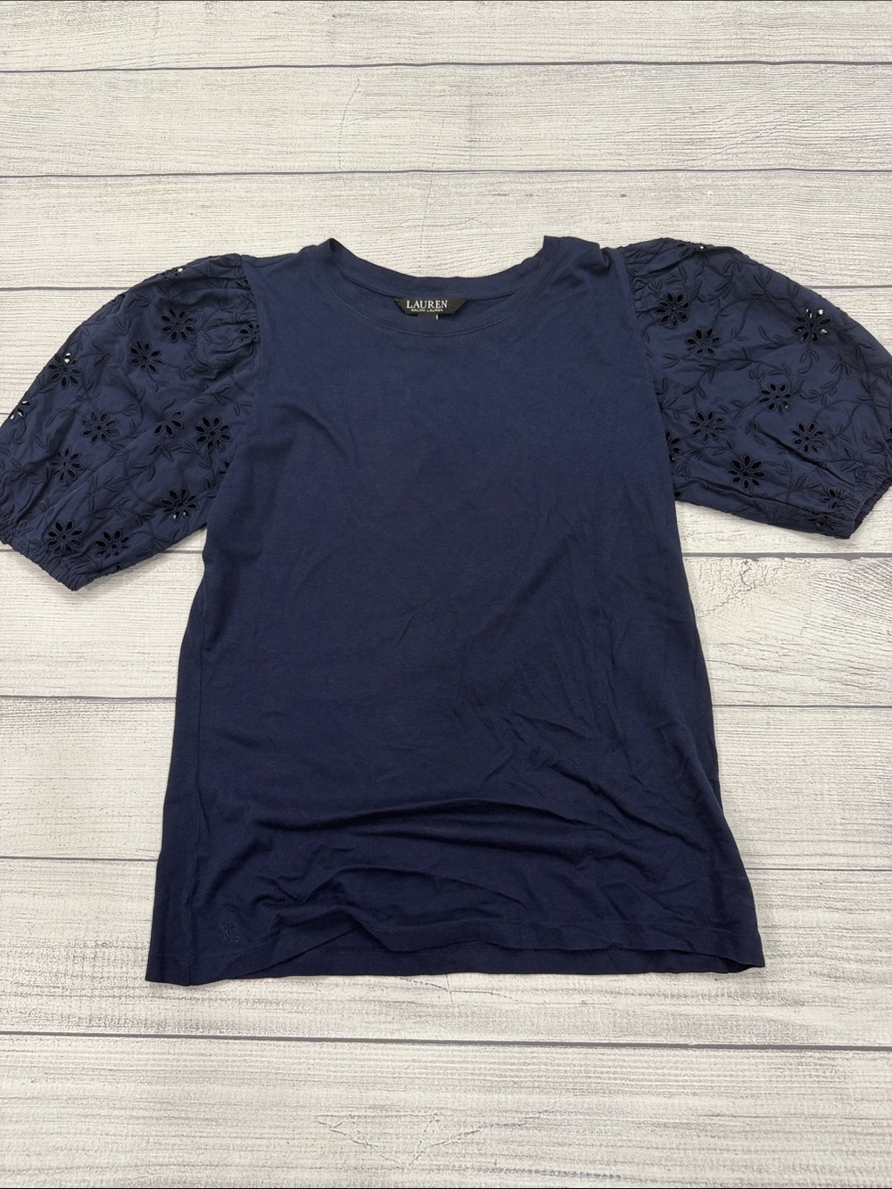 Ralph Lauren Navy Eyelet Puff Sleeve Top Women’s Small